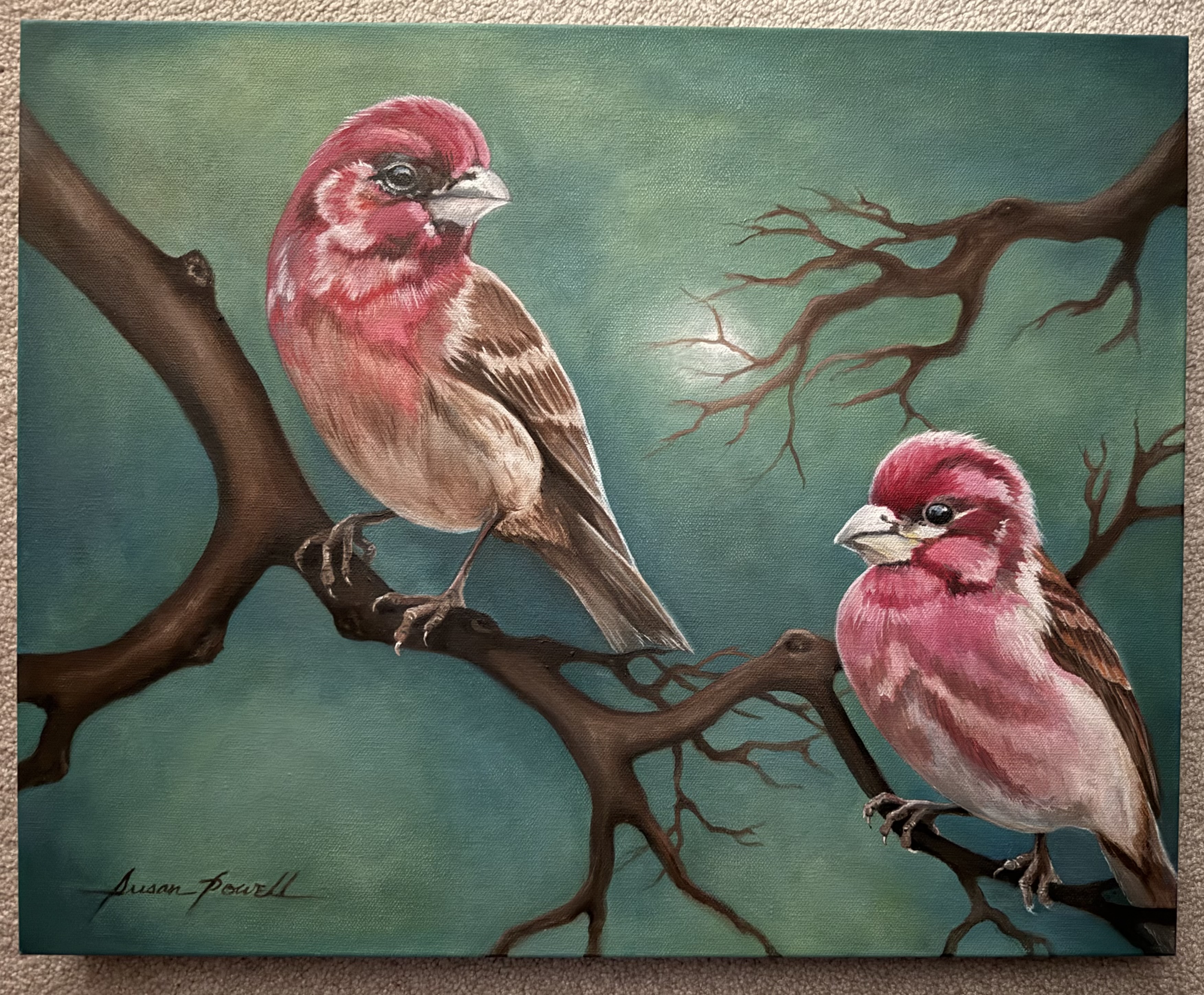 “Rose Finches At Dusk” by Susan Part
